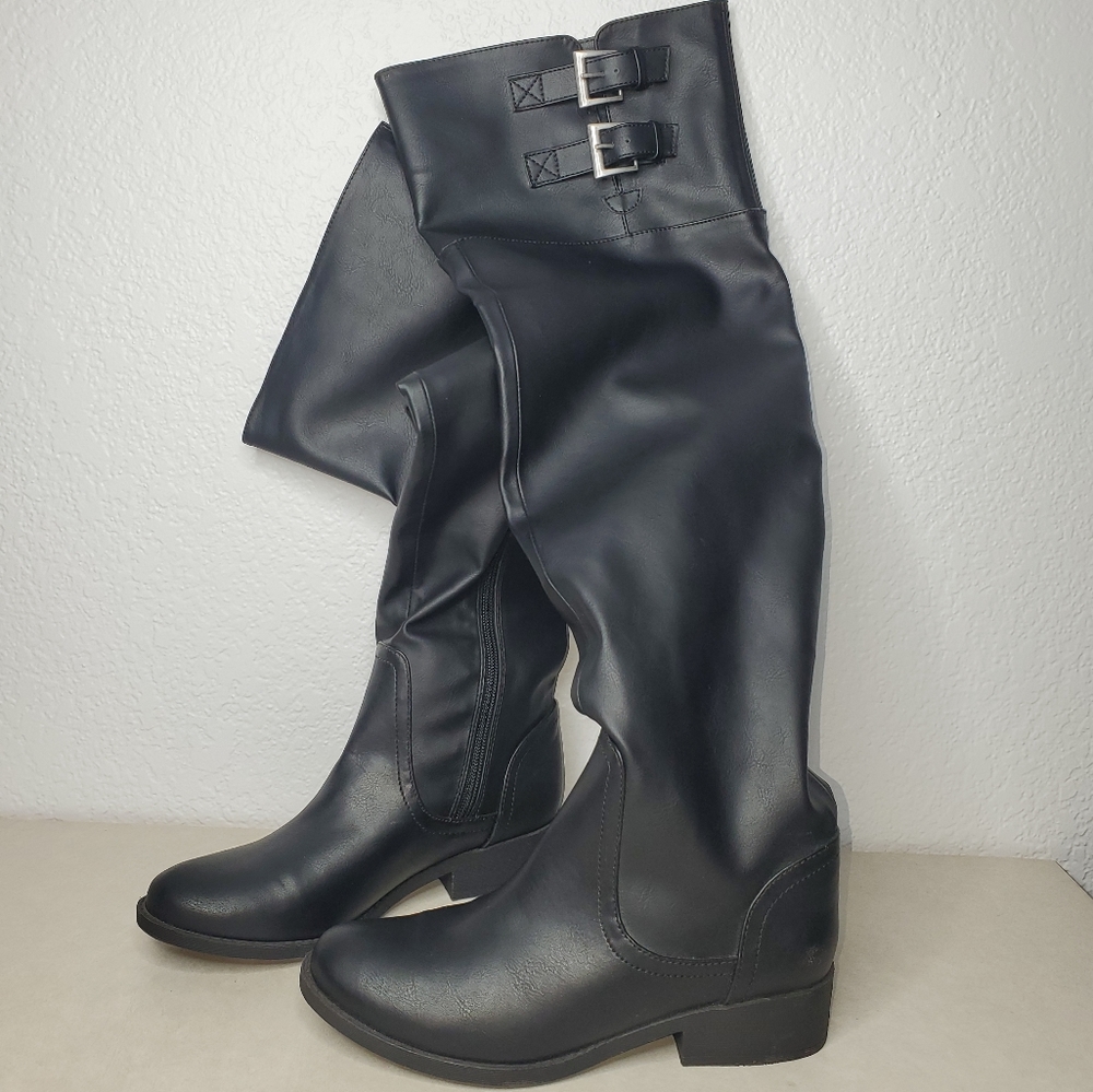 Maurices Over the Knee Boots Black Buckle Design Womens Size 6